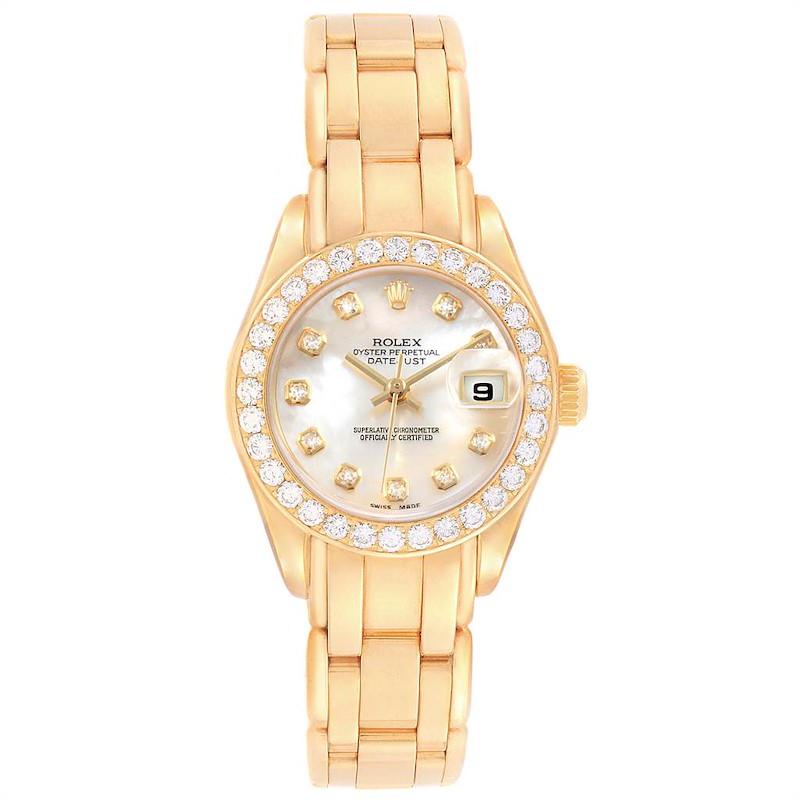 Rolex Pearlmaster Yellow Gold MOP Diamond Dial Bezel Ladies Watch 69298 SwissWatchExpo