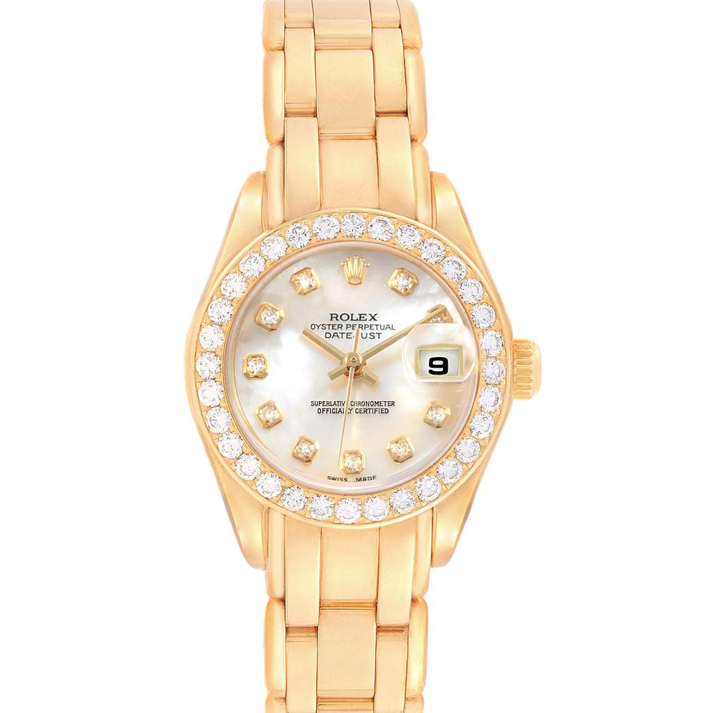 The image shows a front view of a Rolex Pearlmaster 69298 Women
s Yellow Gold Mother of Pearl Dial 69298 Women
s Yellow Gold Mother of Pearl Dial watch, displaying its face, bezel, and bracelet.