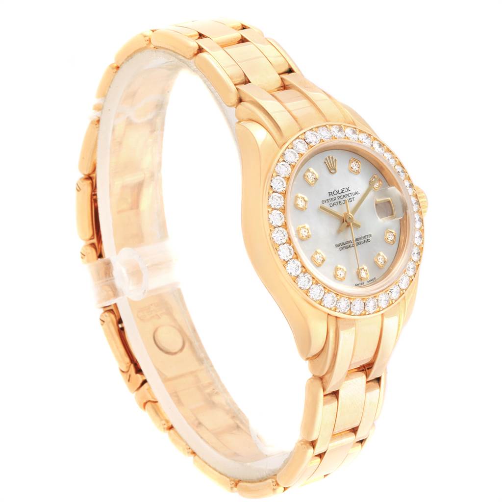 This image shows a Rolex Pearlmaster 69298 Women
s Yellow Gold Mother of Pearl Dial 69298 Women
s Yellow Gold Mother of Pearl Dial watch angled to display the face, band, and bezel.