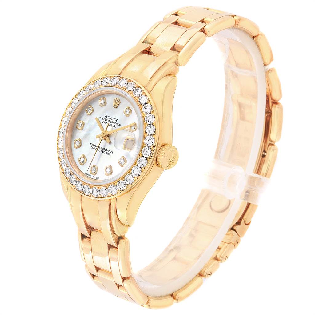 This image shows a side-angle view of a Rolex Pearlmaster 69298 Women
s Yellow Gold Mother of Pearl Dial 69298 Women
s Yellow Gold Mother of Pearl Dial watch, highlighting its gold band, diamond bezel, and face.