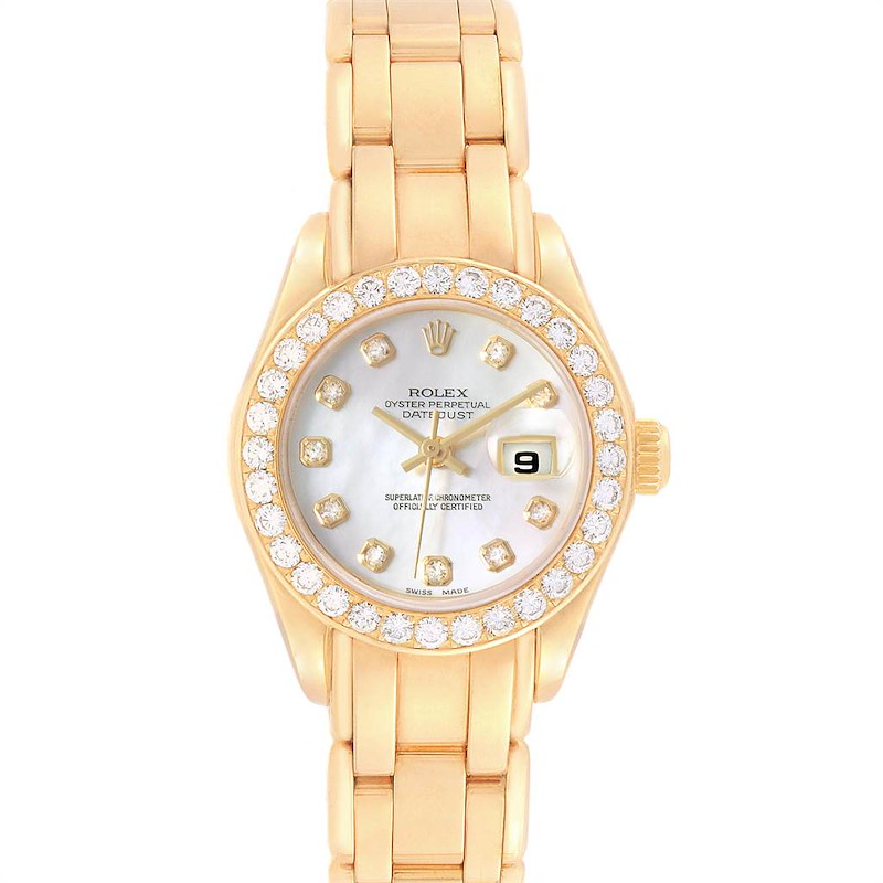 Rolex Pearlmaster 18K Yellow Gold MOP Diamond Dial Bezel Watch 69298 SwissWatchExpo