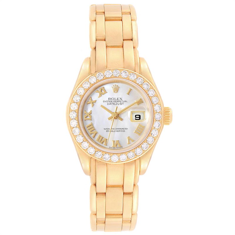 Rolex Pearlmaster Yellow Gold MOP Diamond Bezel Ladies Watch 69298 SwissWatchExpo