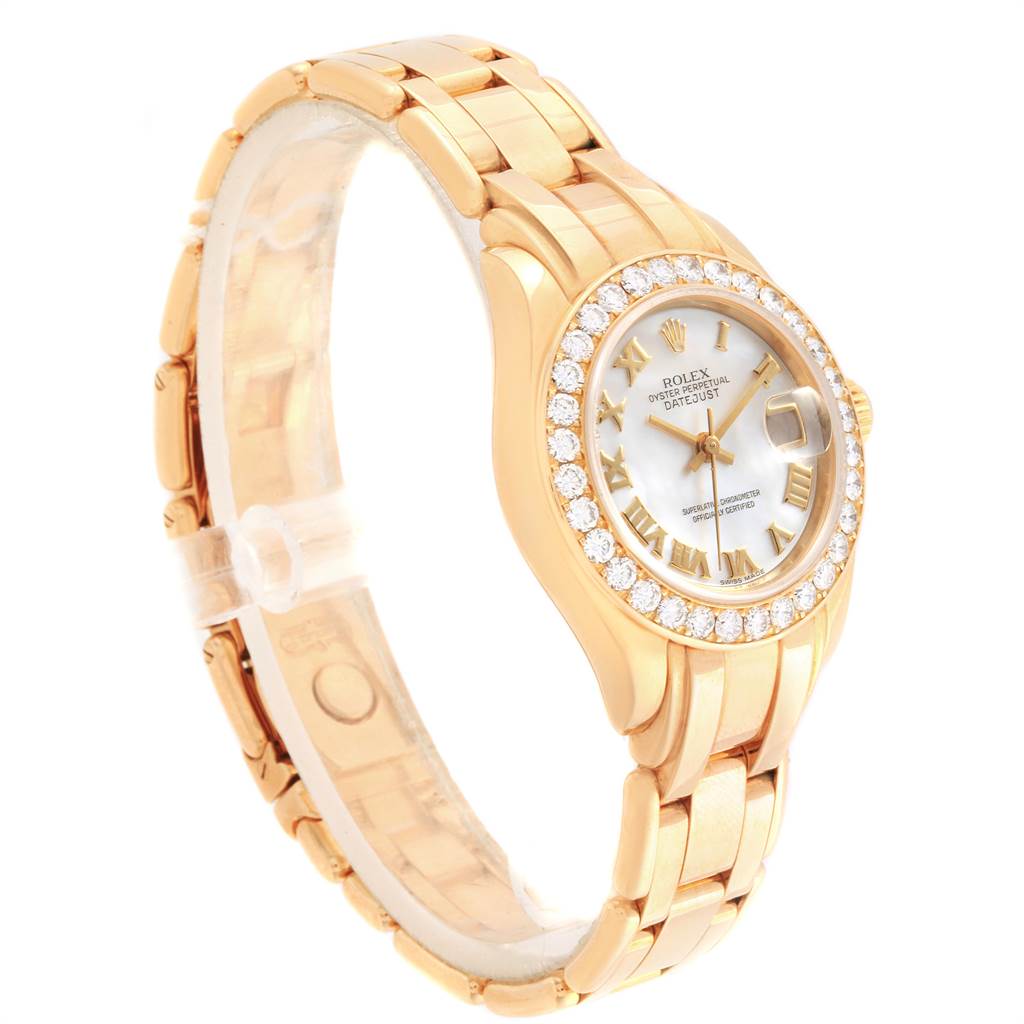 The image shows a Rolex Pearlmaster 69298 Women's Yellow Gold Mother of Pearl Dial 69298 Women's Yellow Gold Mother of Pearl Dial watch at an angle showcasing the face, bracelet, and diamond-encrusted bezel.