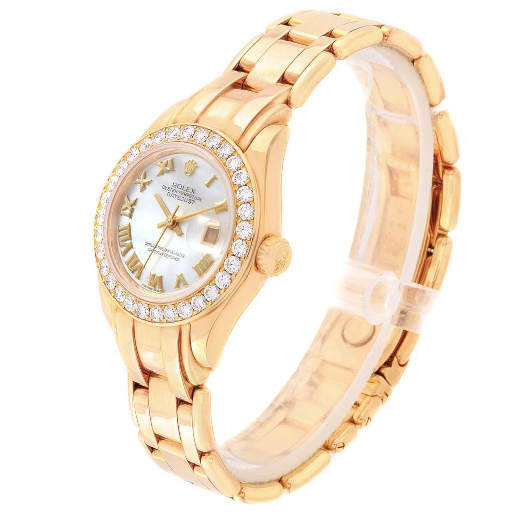 This image shows a Rolex Pearlmaster 69298 Women's Yellow Gold Mother of Pearl Dial 69298 Women's Yellow Gold Mother of Pearl Dial watch at an oblique angle with a clear view of the dial, bezel, and bracelet.