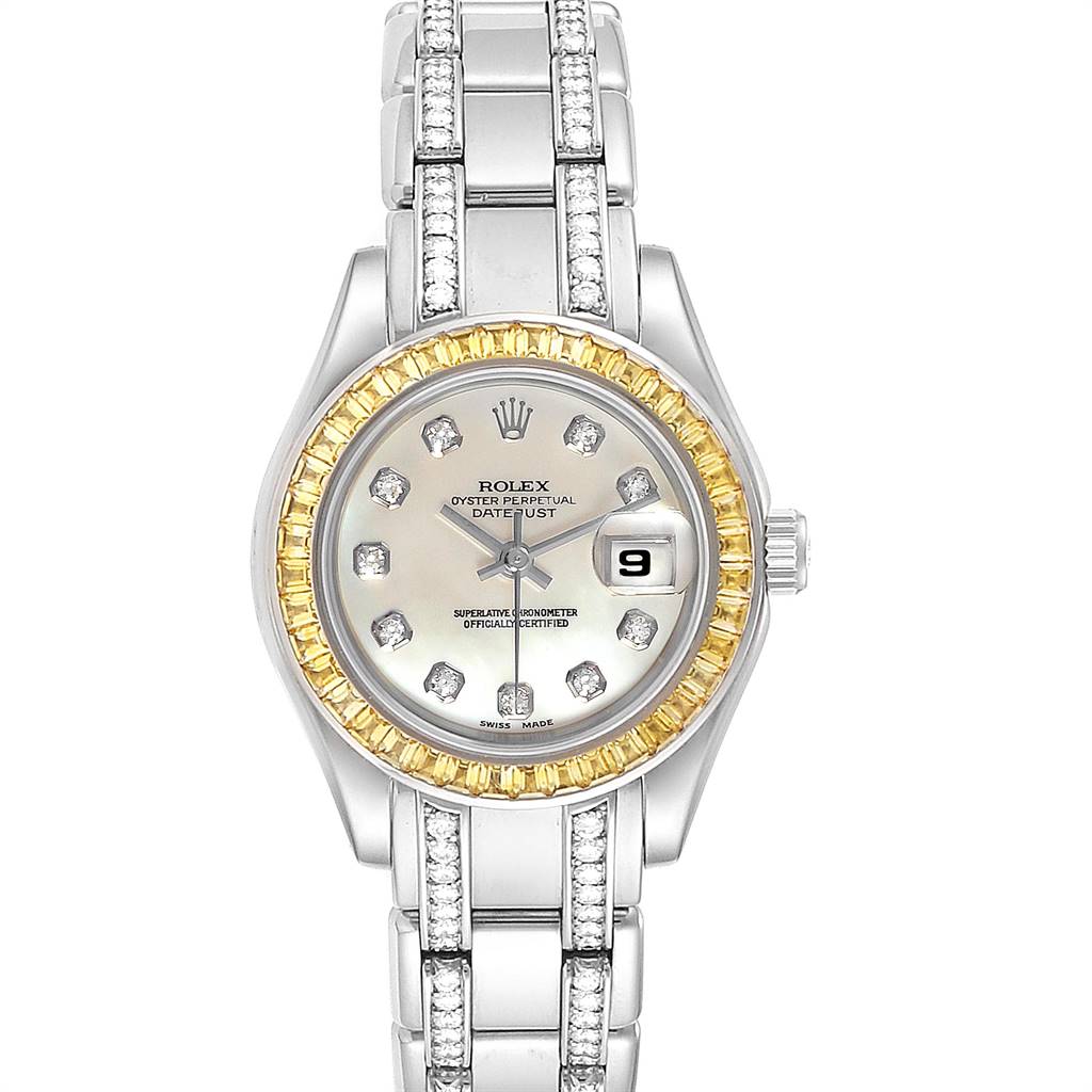 This image shows a front view of a Rolex Pearlmaster 69309 Women's White Gold Mother of Pearl Dial 69309 Women's White Gold Mother of Pearl Dial watch, featuring the dial, bezel, and bracelet.