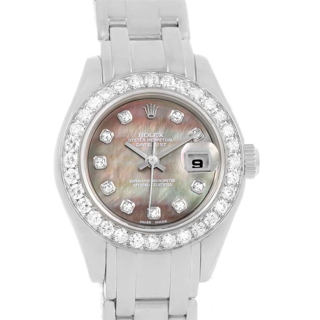This Rolex Pearlmaster 80299 Women's White Gold Mother of Pearl Dial 80299 Women's White Gold Mother of Pearl Dial watch is shown from a front angle, highlighting its face, bezel, and part of the bracelet.