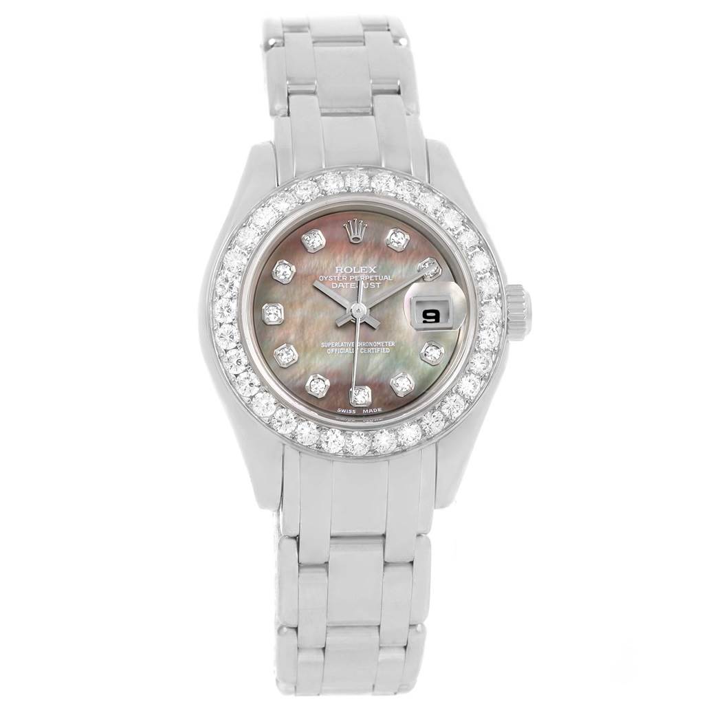 The image shows a front view of the Rolex Pearlmaster 80299 Women's White Gold Mother of Pearl Dial 80299 Women's White Gold Mother of Pearl Dial watch, featuring its dial, bezel, and bracelet.