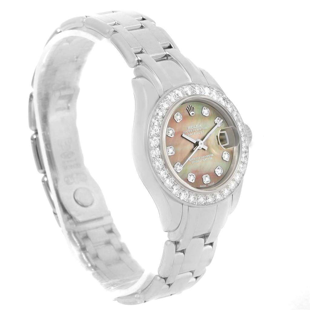 The image shows a Rolex Pearlmaster 80299 Women's White Gold Mother of Pearl Dial 80299 Women's White Gold Mother of Pearl Dial watch at an angle highlighting the face, bezel, and part of the bracelet.