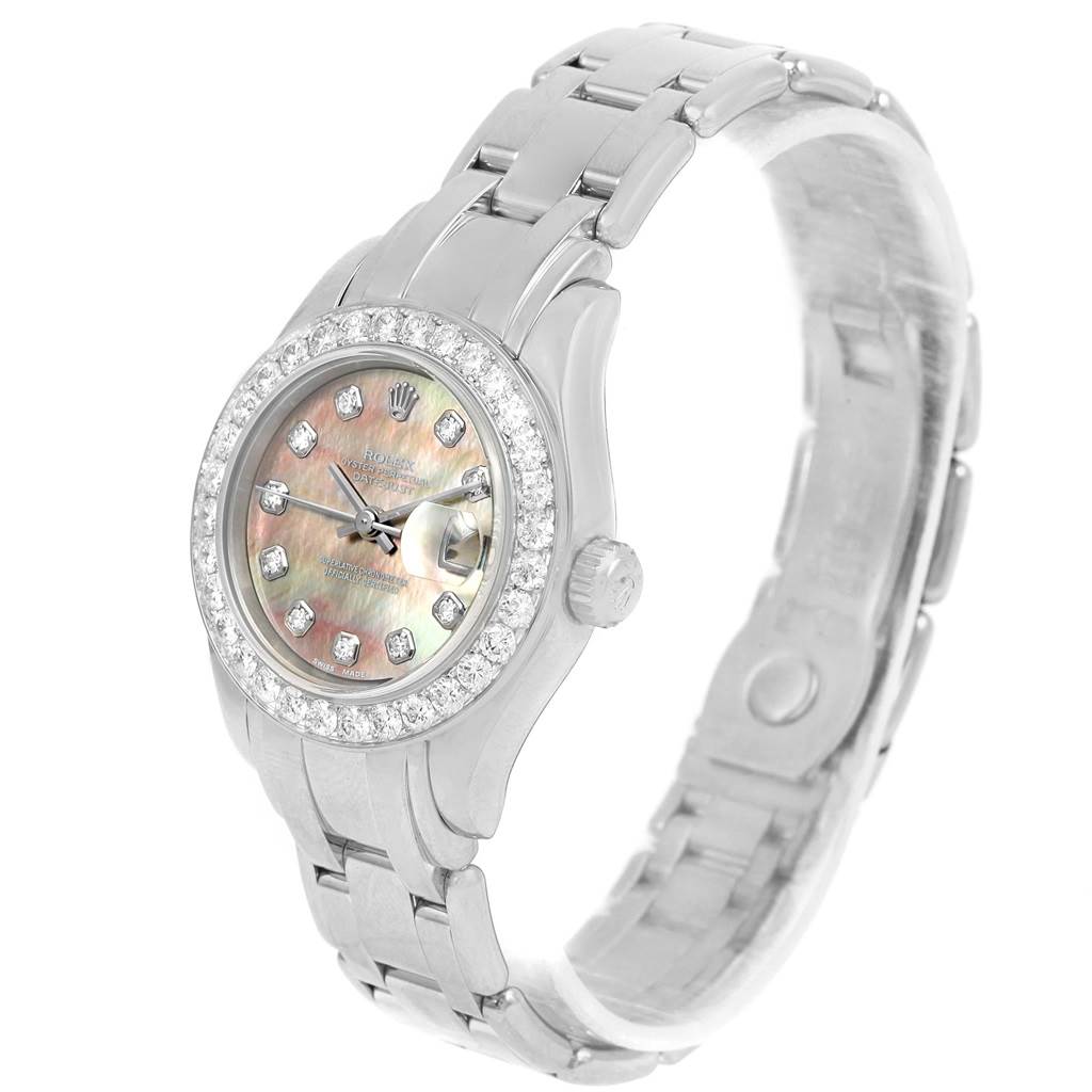 The image shows a three-quarter view of a Rolex Pearlmaster 80299 Women's White Gold Mother of Pearl Dial 80299 Women's White Gold Mother of Pearl Dial watch, featuring the face, bezel, and bracelet.