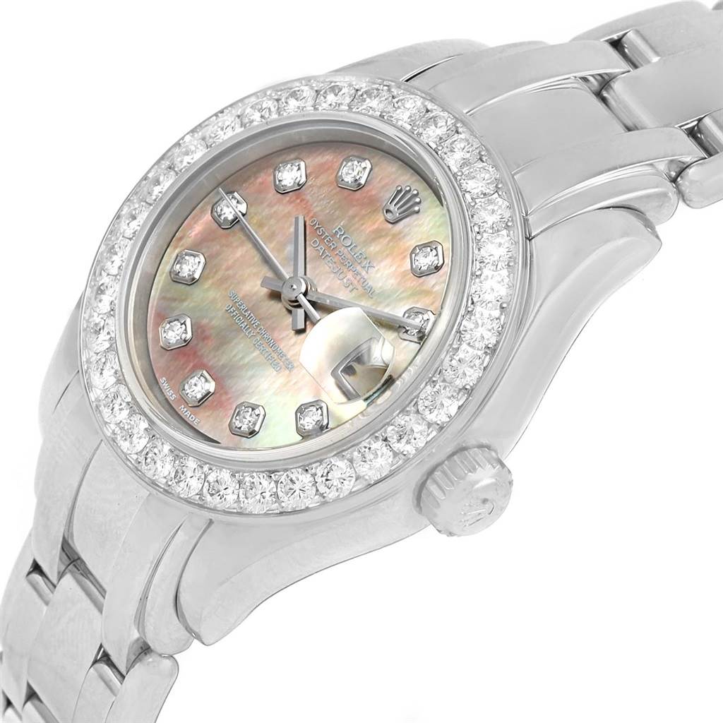 The image shows a close-up view of the dial, bezel, and part of the bracelet of a Rolex Pearlmaster 80299 Women's White Gold Mother of Pearl Dial 80299 Women's White Gold Mother of Pearl Dial watch.