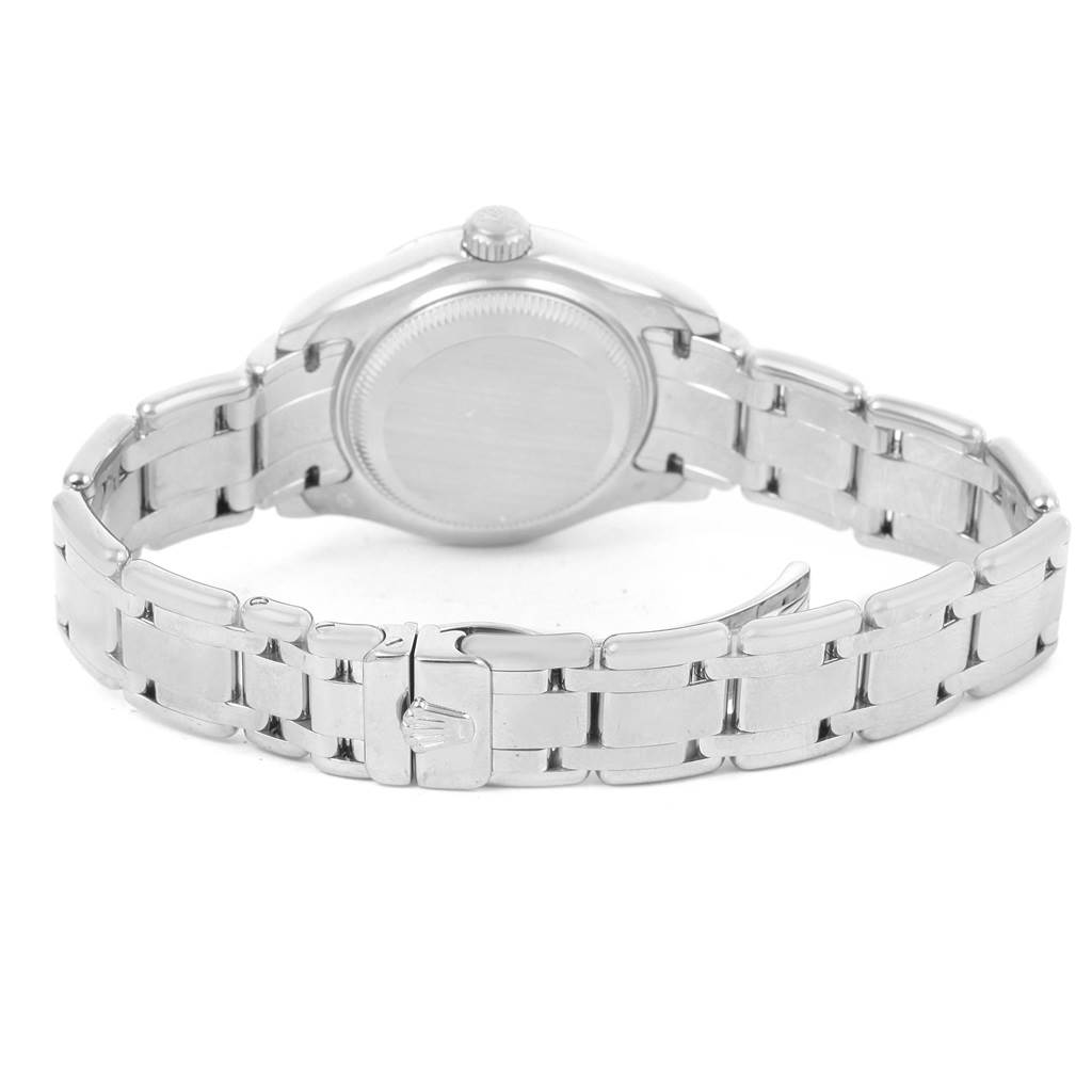 The image shows the back, clasp, and bracelet of the Rolex Pearlmaster 80299 Women's White Gold Mother of Pearl Dial 80299 Women's White Gold Mother of Pearl Dial watch from a rear angle.