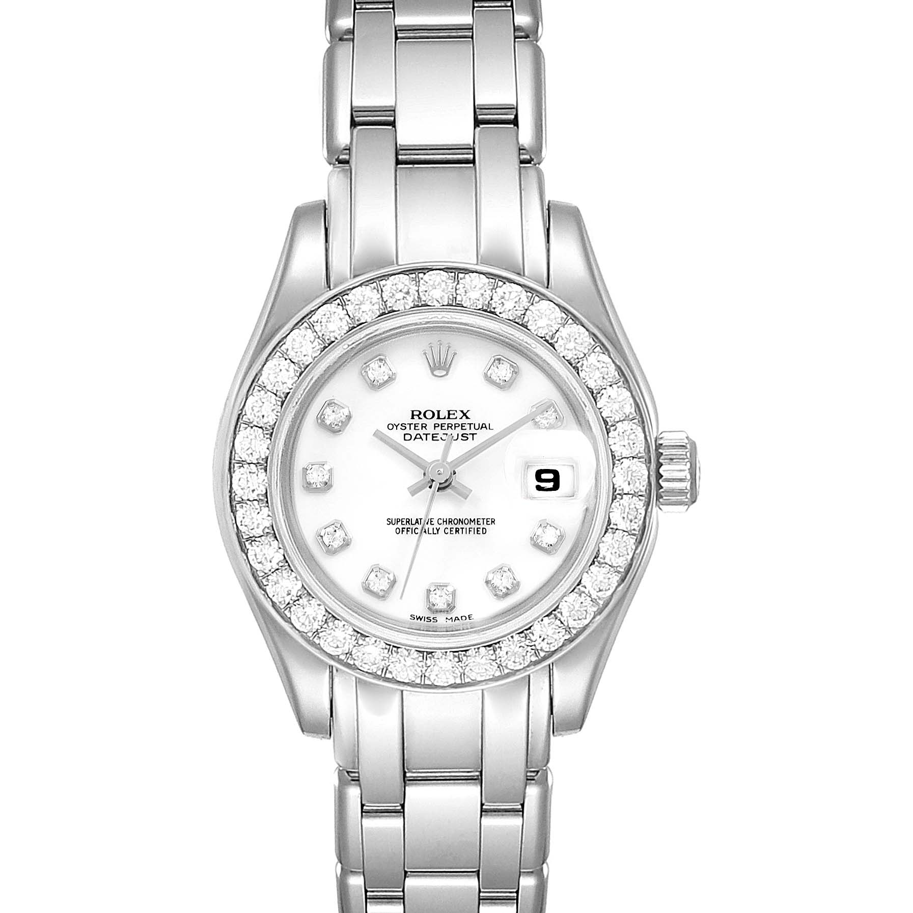 The image shows a front view of a Rolex Pearlmaster 80299 Women's White Gold White Dial 80299 Women's White Gold White Dial watch, highlighting its diamond-set bezel, dial, and metal bracelet.