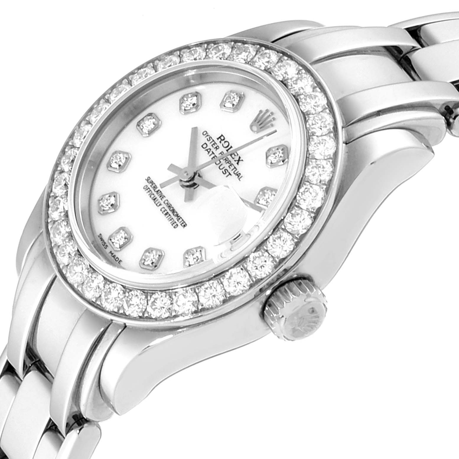 This image shows a close-up angled view of the Rolex Pearlmaster 80299 Women's White Gold White Dial 80299 Women's White Gold White Dial watch, highlighting the dial, bezel, and part of the bracelet.