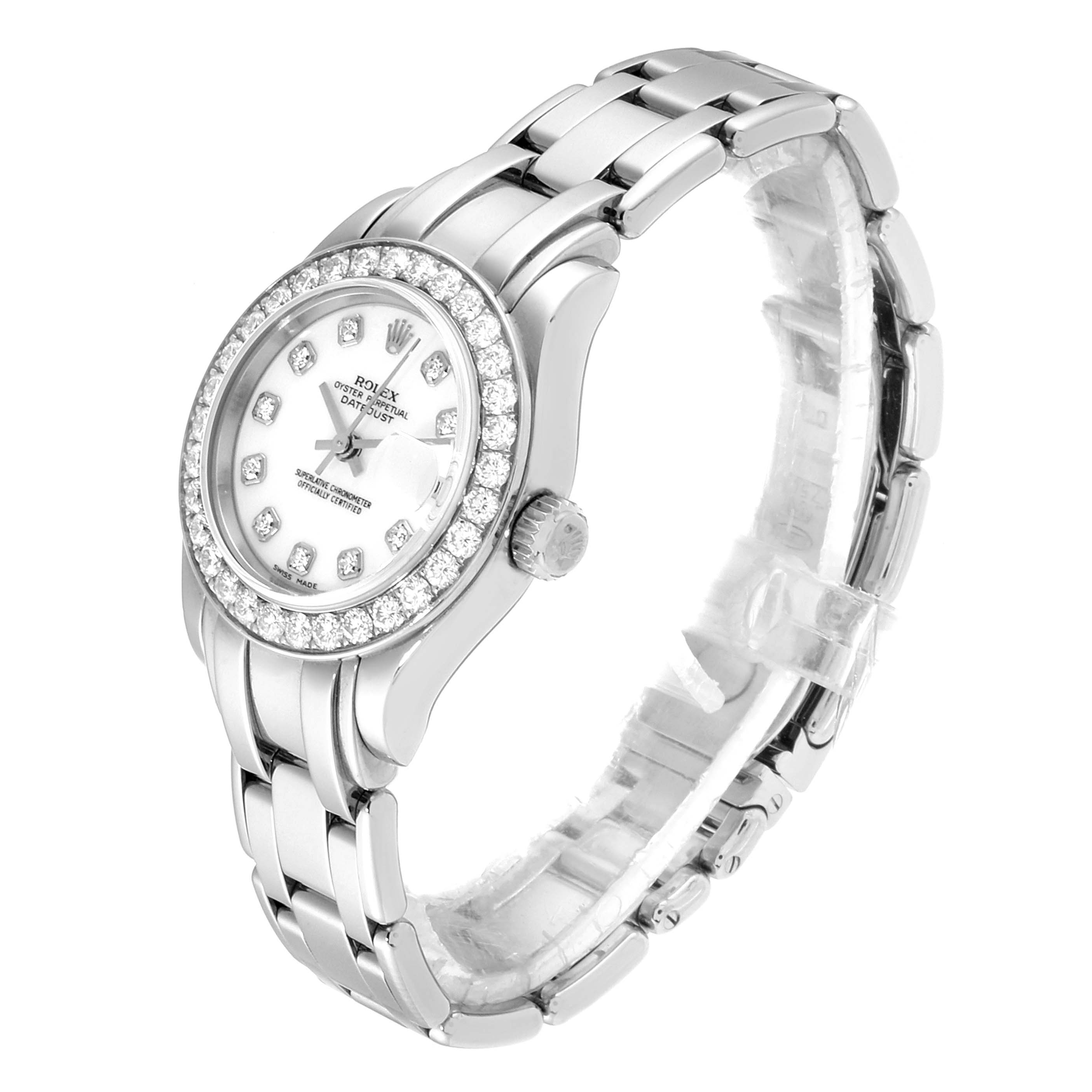 This image shows a Rolex Pearlmaster 80299 Women's White Gold White Dial 80299 Women's White Gold White Dial watch from an angle highlighting its face, bezel, and bracelet.