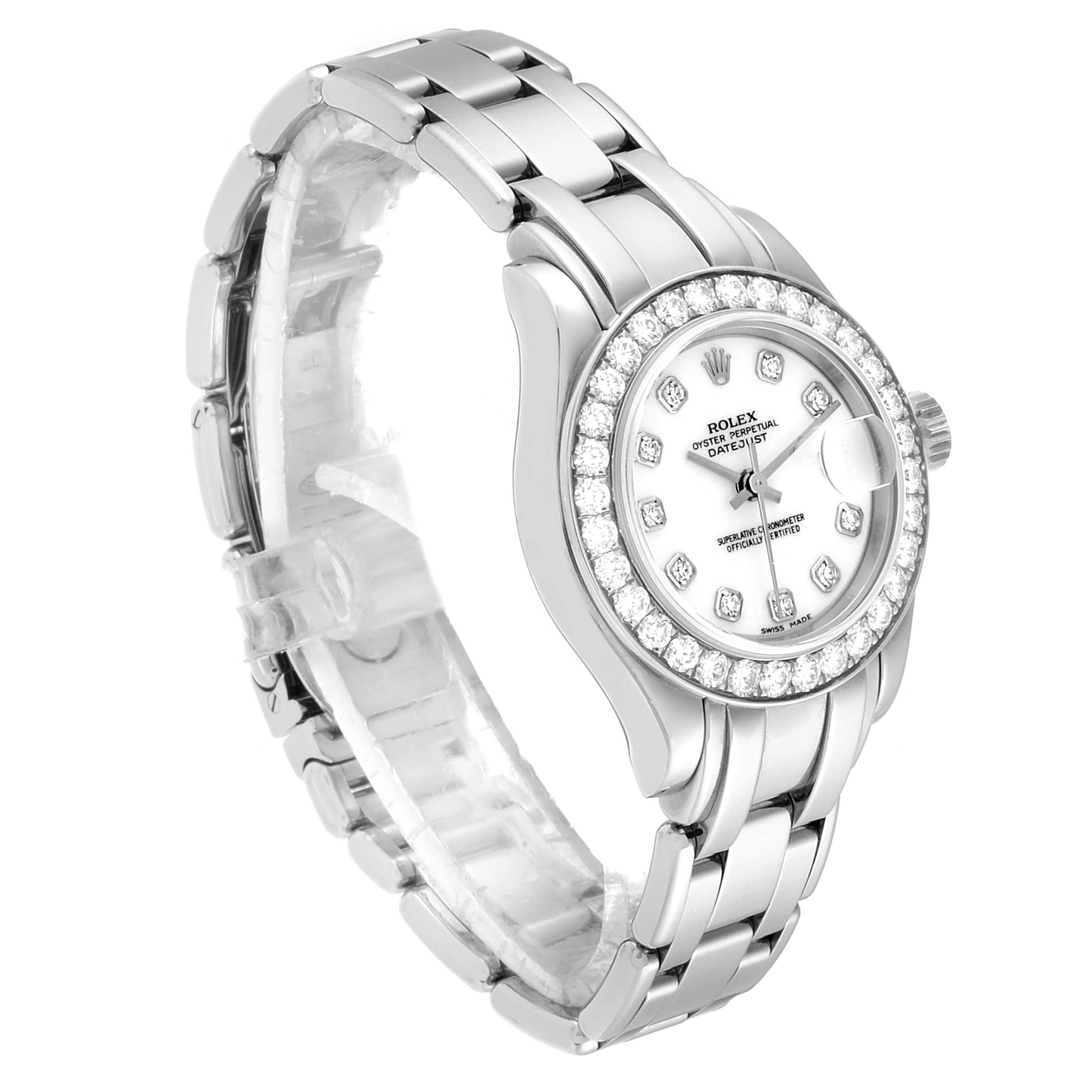 The image shows a side angle of the Rolex Pearlmaster 80299 Women's White Gold White Dial 80299 Women's White Gold White Dial watch, showcasing its dial, bezel, and bracelet.