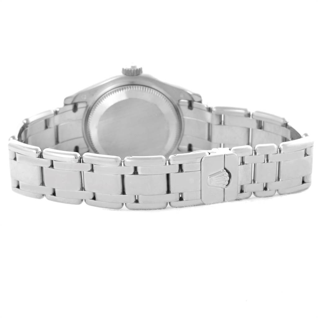 This image shows the back case and bracelet of the Rolex Pearlmaster 80299 Women's White Gold White Dial 80299 Women's White Gold White Dial watch, viewed from a rear angle.