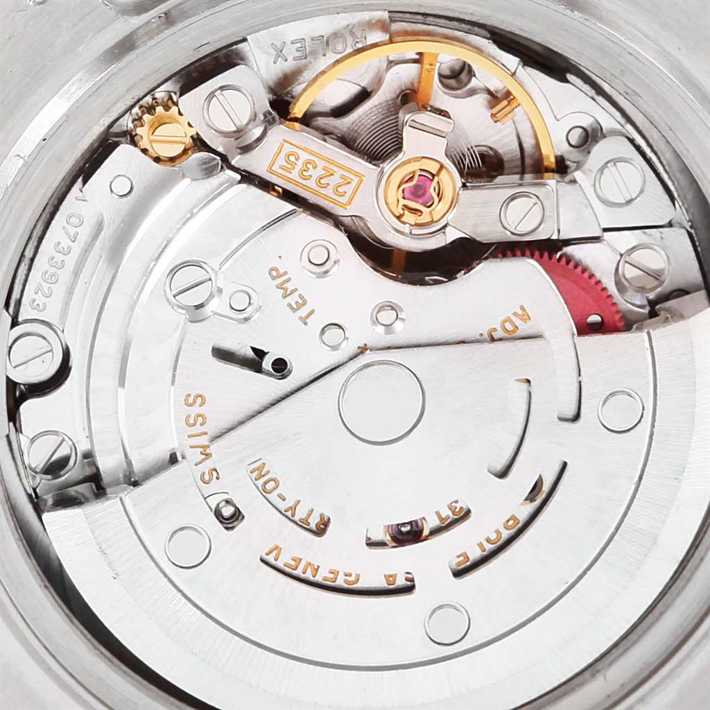This image shows the internal mechanism of a Rolex Pearlmaster 80299 Women's White Gold White Dial 80299 Women's White Gold White Dial watch, viewed from the back, highlighting the movement components.