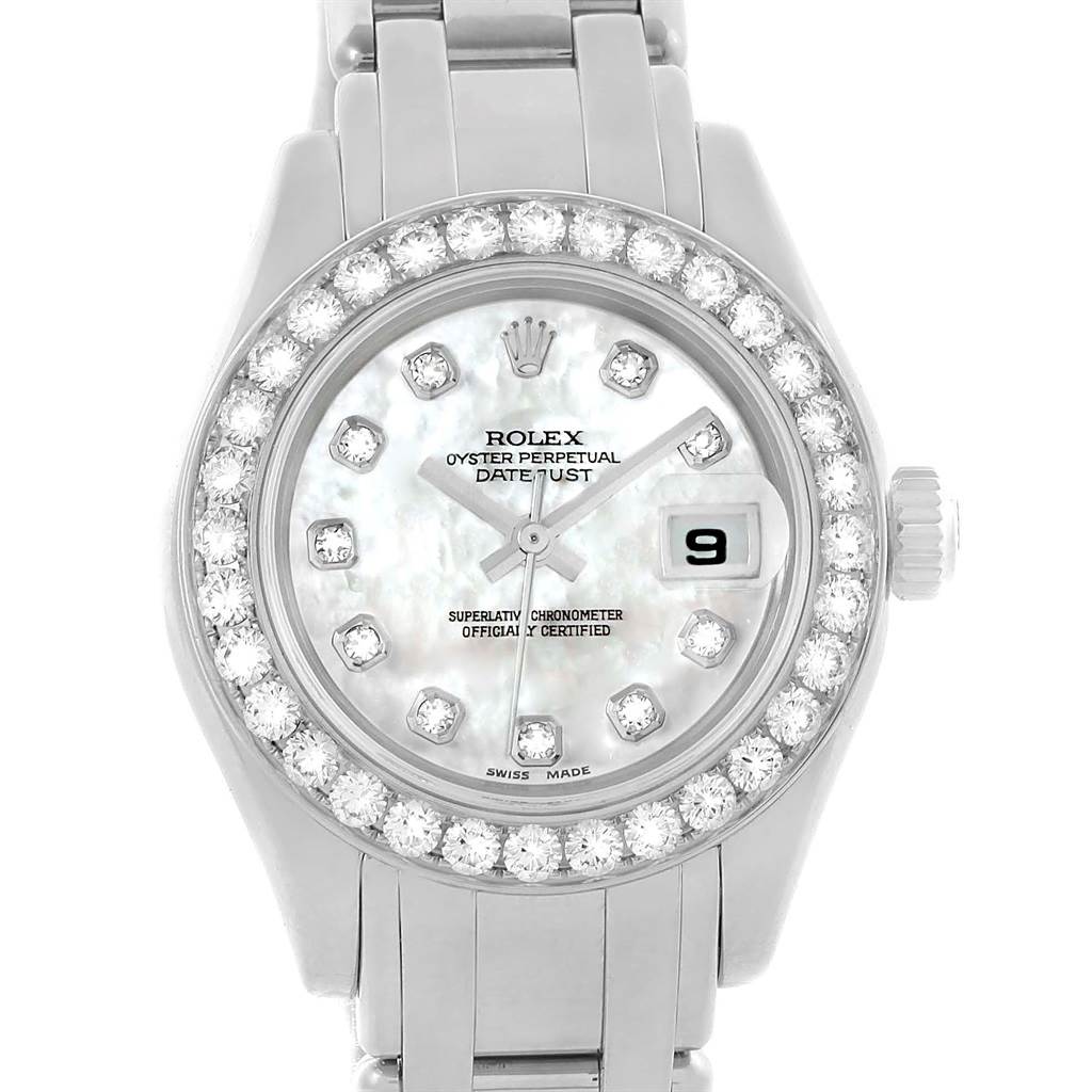 This image shows the front view of a Rolex Pearlmaster 80299 Women
s White Gold Mother of Pearl Dial 80299 Women
s White Gold Mother of Pearl Dial watch, highlighting the dial, bezel, and part of the bracelet.