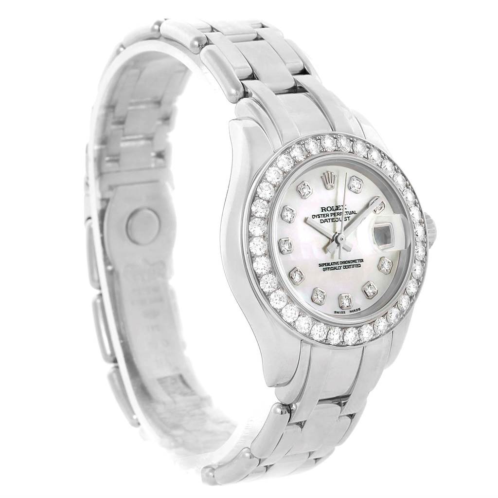 The image shows a Rolex Pearlmaster 80299 Women
s White Gold Mother of Pearl Dial 80299 Women
s White Gold Mother of Pearl Dial watch, viewed at an angle highlighting the face, bezel, and part of the bracelet.