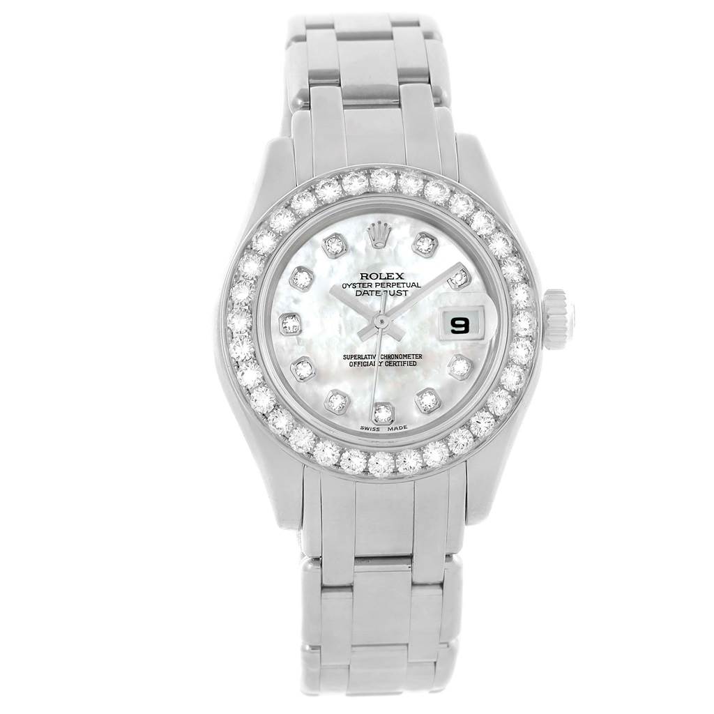 This image shows a front view of the Rolex Pearlmaster 80299 Women
s White Gold Mother of Pearl Dial 80299 Women
s White Gold Mother of Pearl Dial watch, highlighting its dial, bezel, and bracelet.