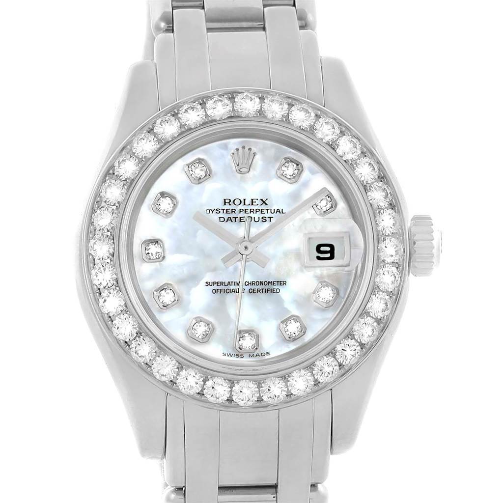 The Rolex Pearlmaster 80299 Women
s White Gold Mother of Pearl Dial 80299 Women
s White Gold Mother of Pearl Dial watch is shown from the front, highlighting the dial, bezel, and part of the bracelet.