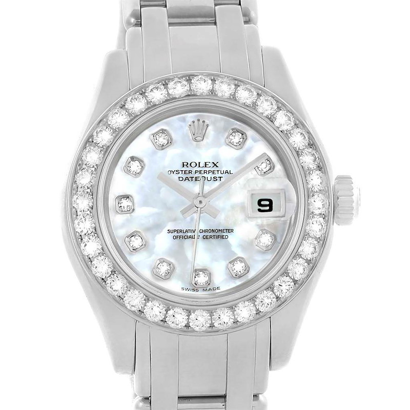 The Rolex Pearlmaster watch is shown from the front, highlighting the dial, bezel, and part of the bracelet.