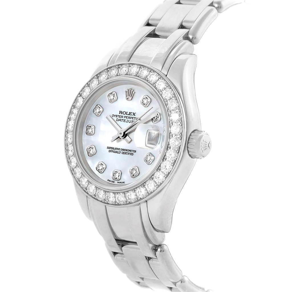 The Rolex Pearlmaster 80299 Women
s White Gold Mother of Pearl Dial 80299 Women
s White Gold Mother of Pearl Dial watch is shown from a three-quarter view, highlighting the dial, bezel, crown, and part of the bracelet.