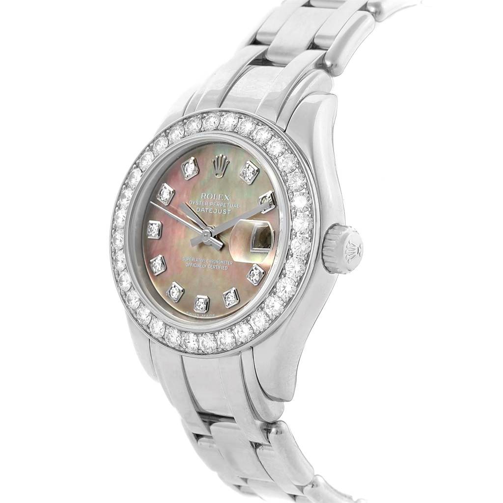 This is a Rolex Pearlmaster 80299 Women
s White Gold Mother of Pearl Dial 80299 Women
s White Gold Mother of Pearl Dial watch shown from a slight angle, revealing the dial, bezel, and part of the bracelet.
