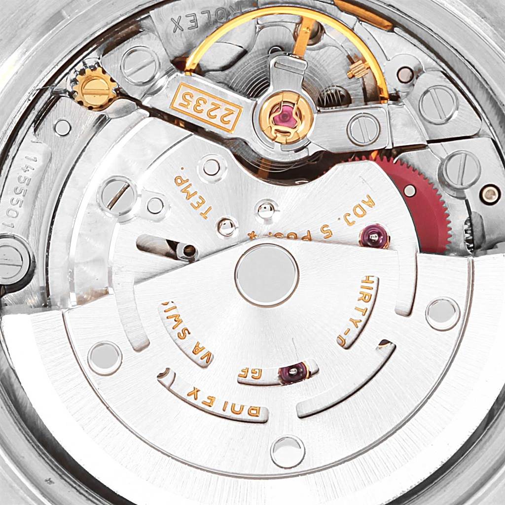 This image shows a close-up view of the internal movement components of a Rolex Pearlmaster 80299 Women
s White Gold Mother of Pearl Dial 80299 Women
s White Gold Mother of Pearl Dial watch.