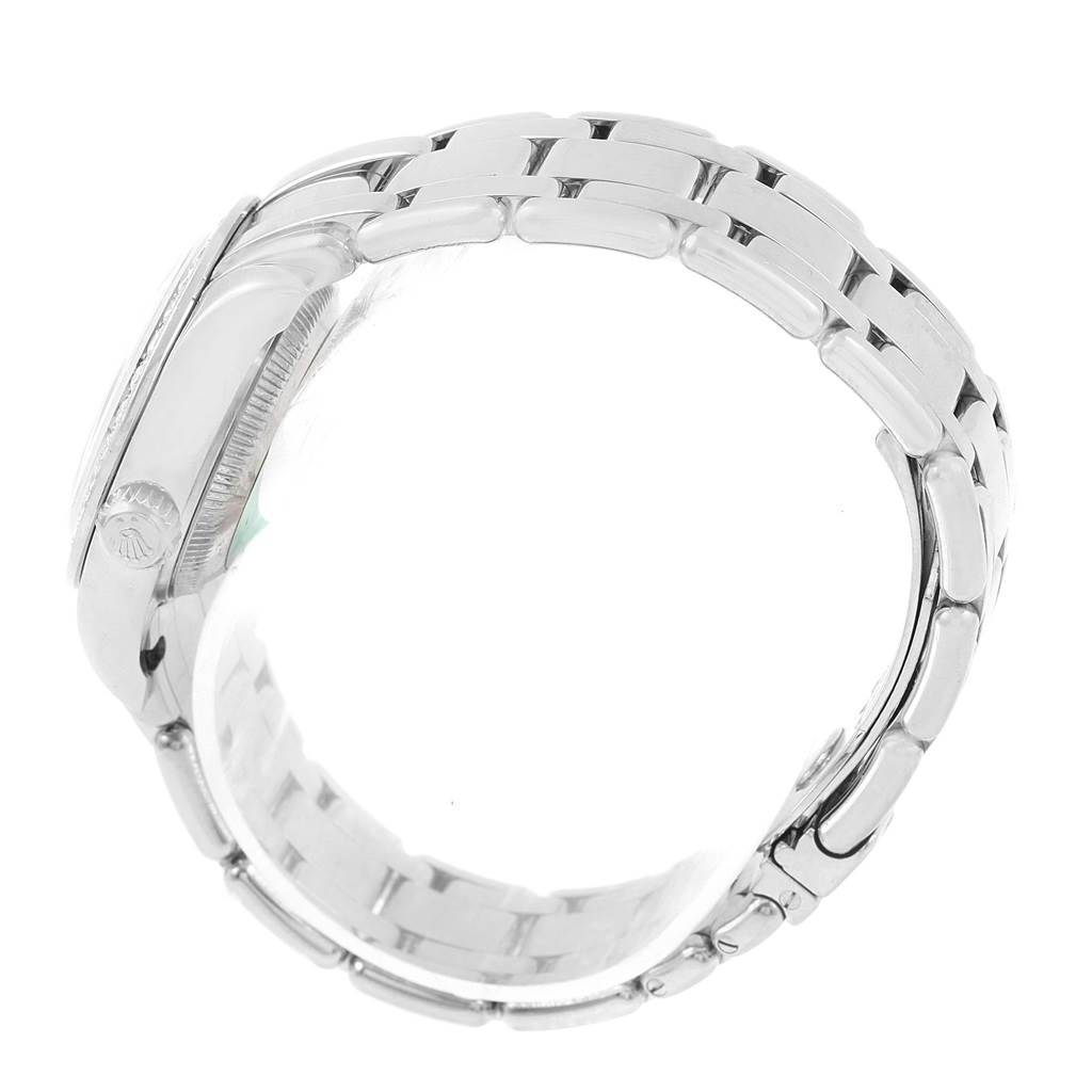 The image shows a side view of the Rolex Pearlmaster 80299 Women
s White Gold Mother of Pearl Dial 80299 Women
s White Gold Mother of Pearl Dial watch, highlighting its bracelet and the side of the case.