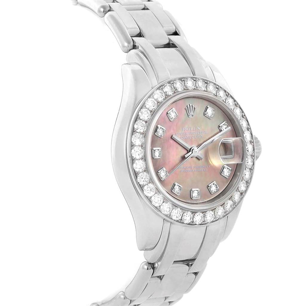 The image shows a Rolex Pearlmaster 80299 Women
s White Gold Mother of Pearl Dial 80299 Women
s White Gold Mother of Pearl Dial watch from a front-left angle, highlighting its bezel, dial, and bracelet.