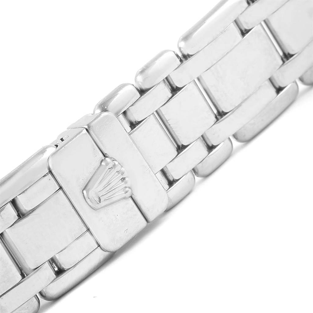 This image shows the bracelet and clasp with the Rolex logo of a Rolex Pearlmaster 80299 Women
s White Gold Mother of Pearl Dial 80299 Women
s White Gold Mother of Pearl Dial watch.