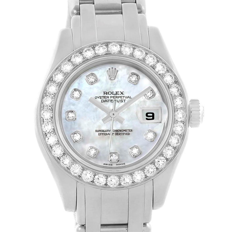 This image shows a frontal view of the Rolex Pearlmaster watch, highlighting its diamond-encrusted bezel and mother-of-pearl dial.