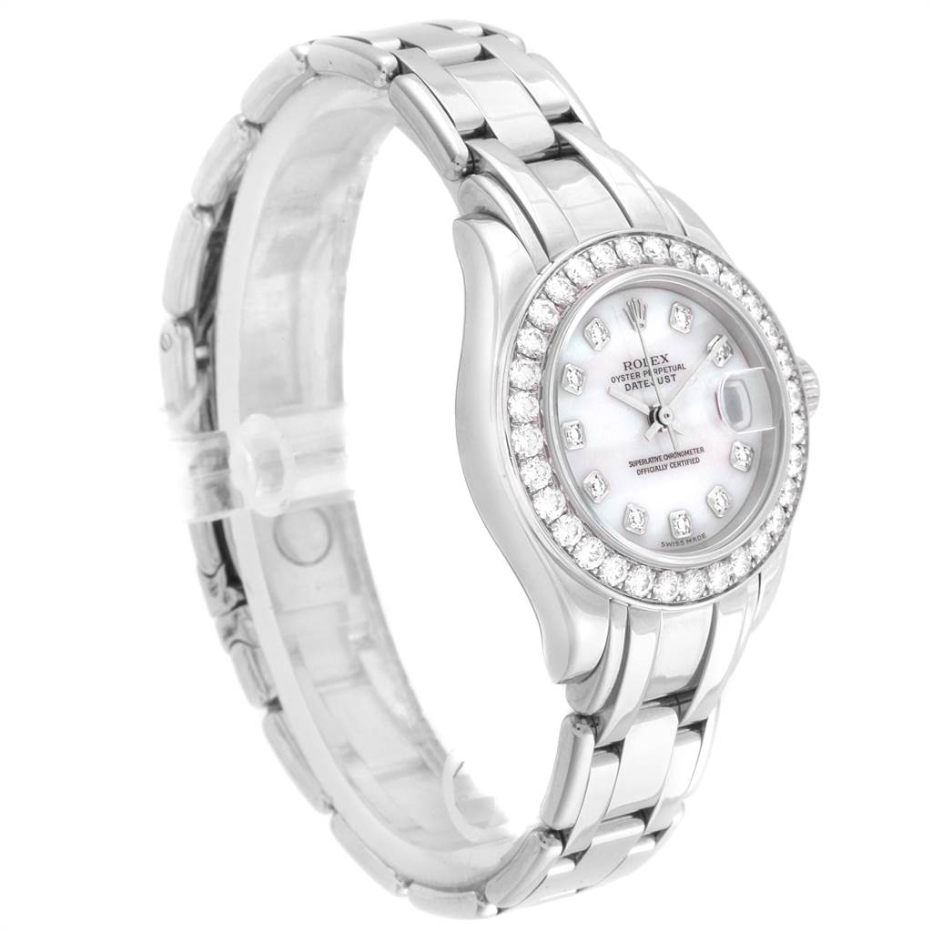 The image shows a side and front angle of the Rolex Pearlmaster 80299 Women's White Gold Mother of Pearl Dial 80299 Women's White Gold Mother of Pearl Dial watch, highlighting its bracelet, bezel, and face.