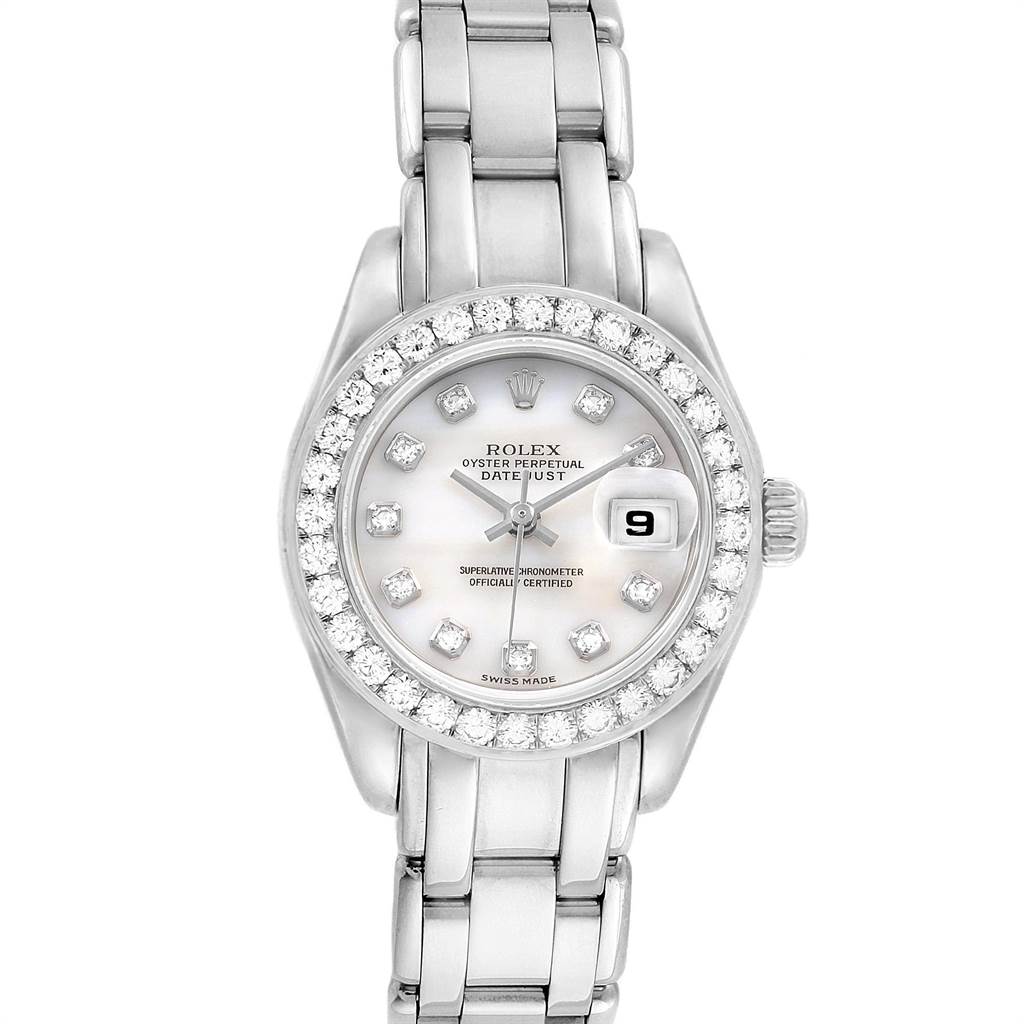 This image shows a front view of the Rolex Pearlmaster 80299 Women's White Gold Mother of Pearl Dial 80299 Women's White Gold Mother of Pearl Dial watch, highlighting its diamond bezel, dial, and bracelet.