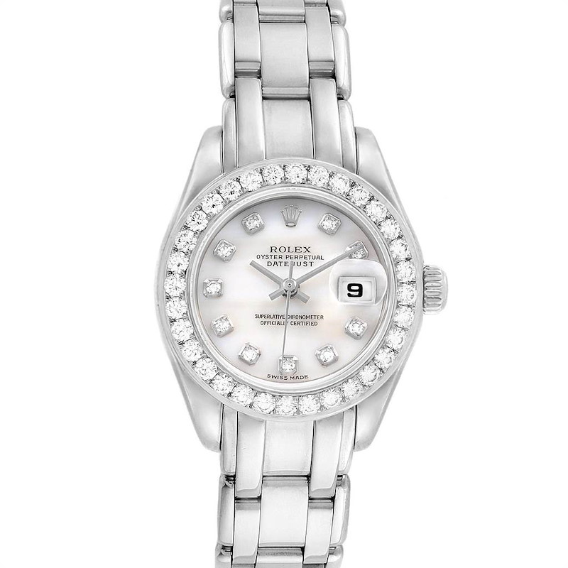 This image shows a front view of the Rolex Pearlmaster watch, highlighting its diamond bezel, dial, and bracelet.