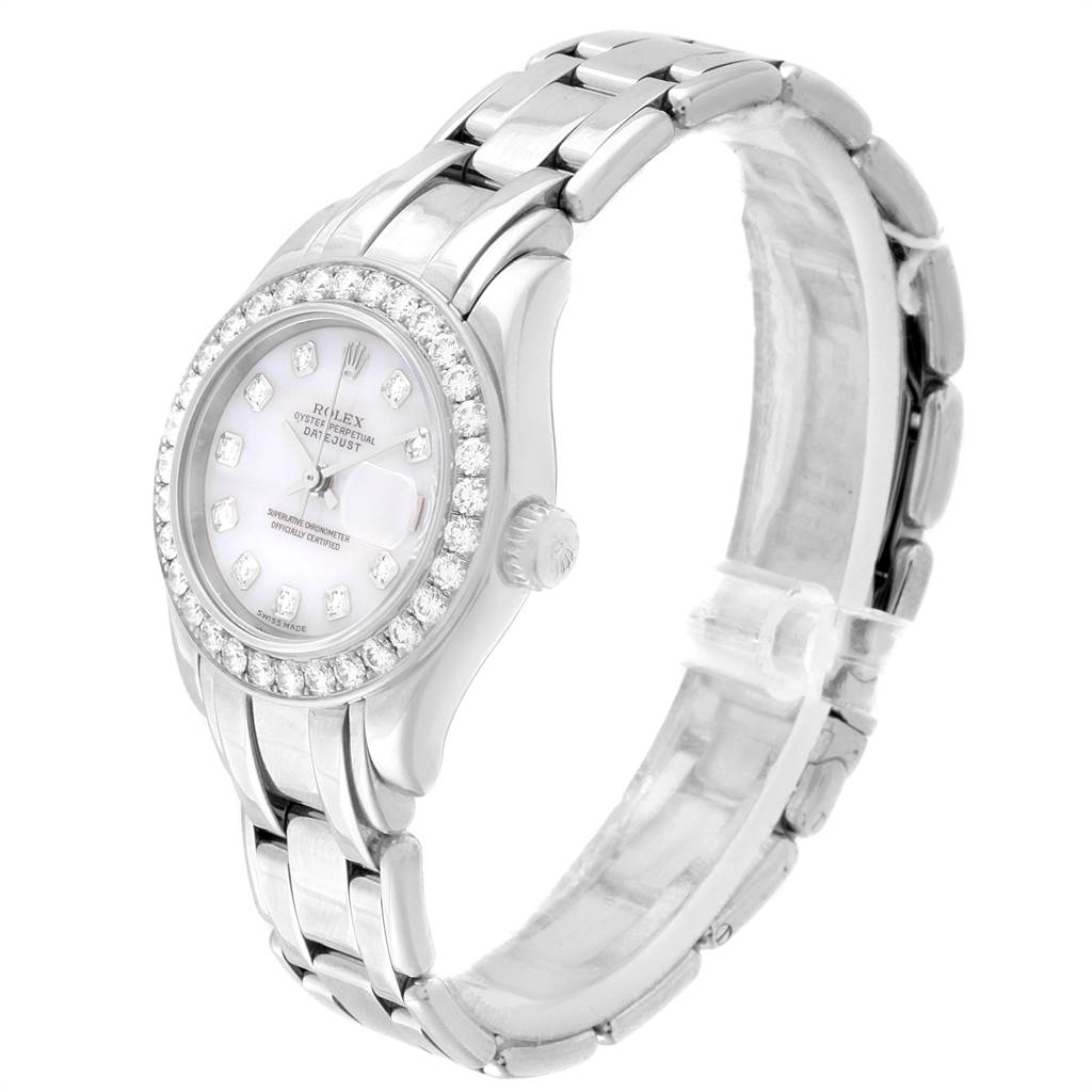 The image shows a Rolex Pearlmaster 80299 Women's White Gold Mother of Pearl Dial 80299 Women's White Gold Mother of Pearl Dial watch angled from the front-left, displaying the face, bezel, crown, and bracelet.