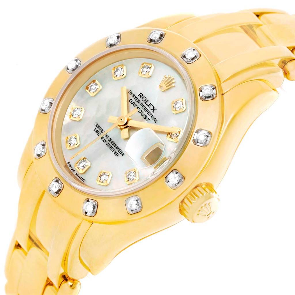 The Rolex Pearlmaster 80318 Men's Yellow Gold Mother of Pearl Dial 80318 Men's Yellow Gold Mother of Pearl Dial watch is shown at an angled view, highlighting its gold case, diamond markers, and side crown.