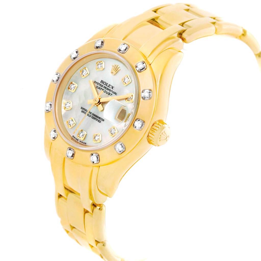 The image shows a Rolex Pearlmaster 80318 Men's Yellow Gold Mother of Pearl Dial 80318 Men's Yellow Gold Mother of Pearl Dial watch at a three-quarter angle, featuring its dial, bezel, crown, and part of the bracelet.
