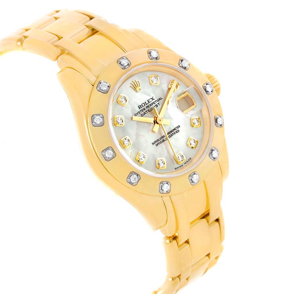 The image shows a close-up angle of a gold Rolex Pearlmaster 80318 Men's Yellow Gold Mother of Pearl Dial 80318 Men's Yellow Gold Mother of Pearl Dial watch, highlighting the dial, bezel, and part of the bracelet.