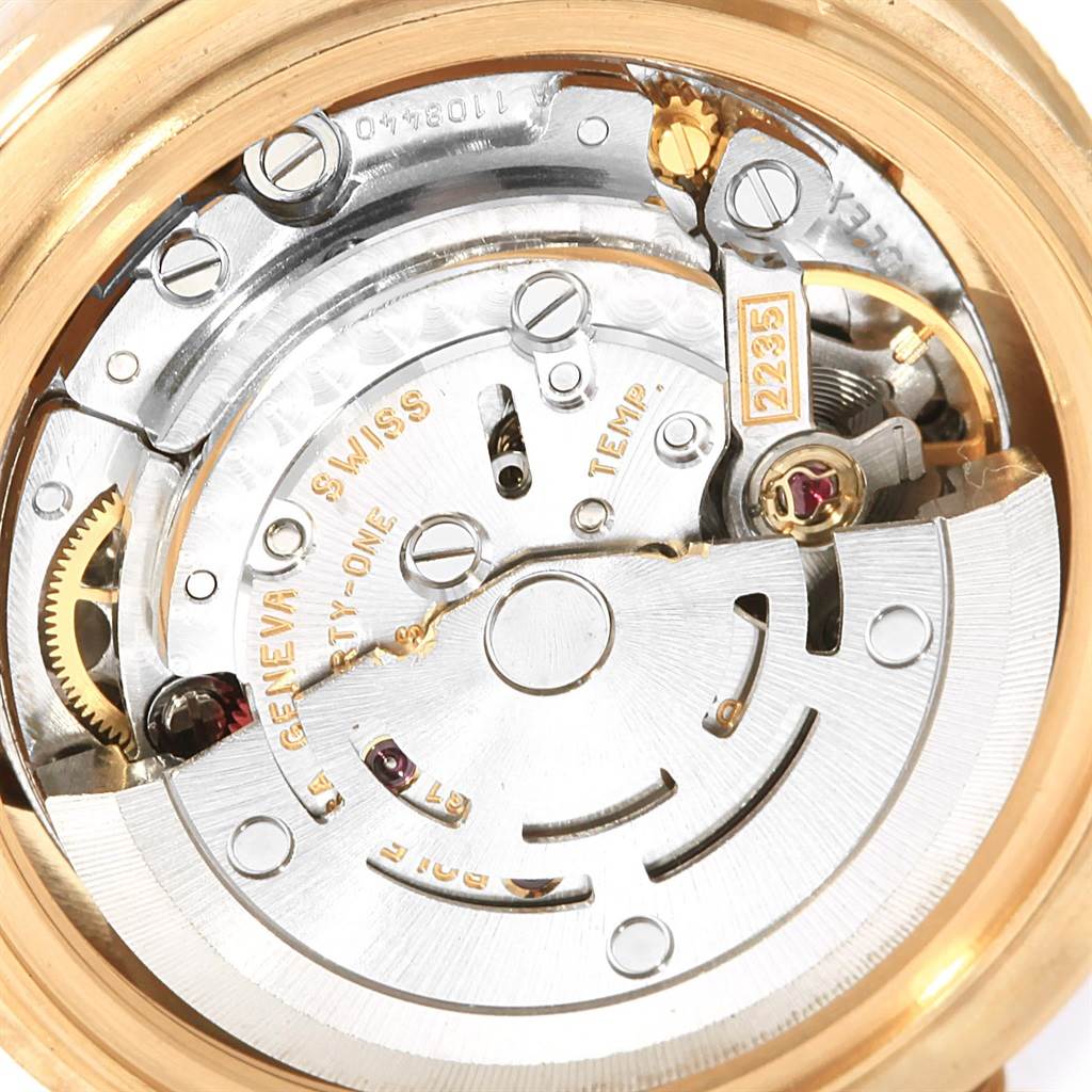 This image shows the intricate internal mechanism of the Rolex Pearlmaster 80318 Men's Yellow Gold Mother of Pearl Dial 80318 Men's Yellow Gold Mother of Pearl Dial watch from a back-side angle.