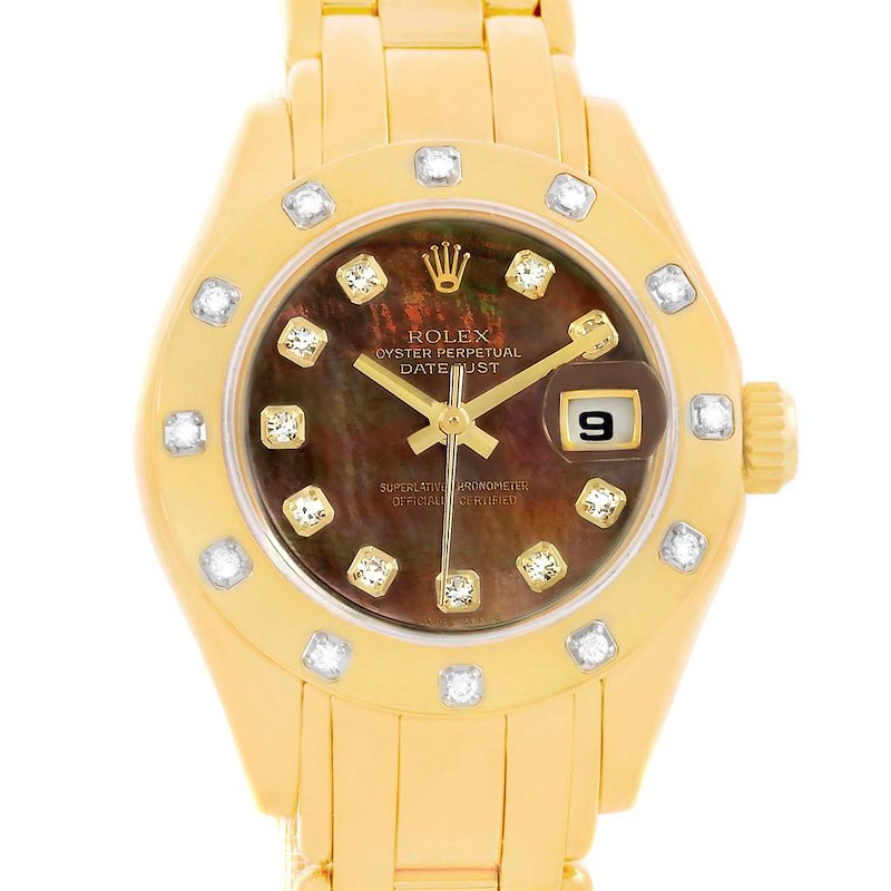 Rolex Pearlmaster Yellow Gold Black MOP Diamond Ladies Watch 69318 SwissWatchExpo