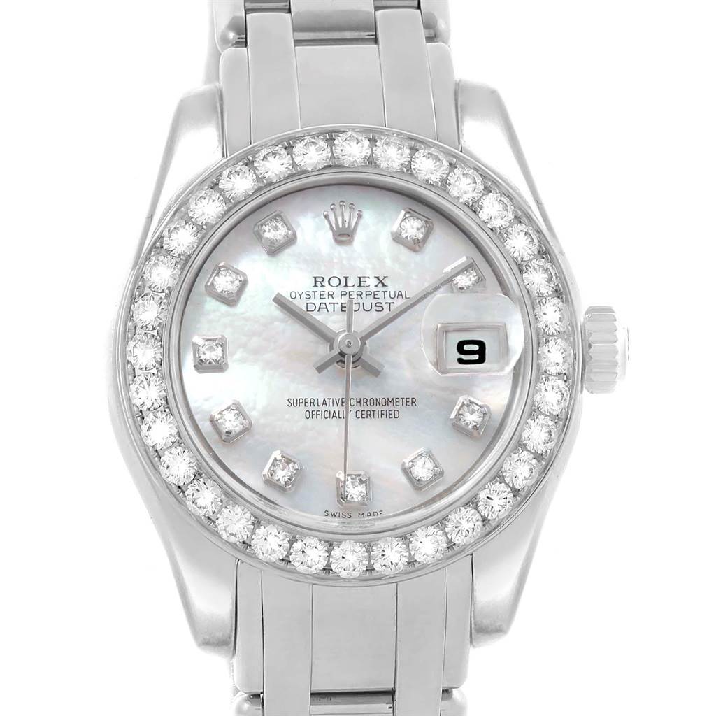 The image shows a front view of the Rolex Pearlmaster 80299 Women's White Gold Mother of Pearl Dial 80299 Women's White Gold Mother of Pearl Dial watch, highlighting the face, bezel, and part of the bracelet.