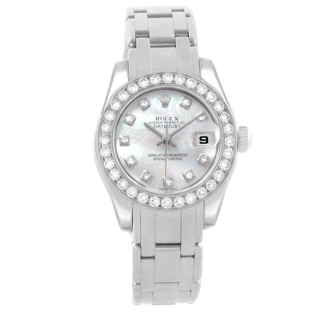 The Rolex Pearlmaster 80299 Women's White Gold Mother of Pearl Dial 80299 Women's White Gold Mother of Pearl Dial watch is shown from a top-down angle, highlighting the face, bezel, crown, and bracelet.