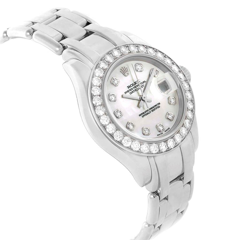 This image shows a Rolex Pearlmaster 80299 Women's White Gold Mother of Pearl Dial 80299 Women's White Gold Mother of Pearl Dial watch, viewed from an angled perspective, highlighting its diamond bezel, dial, and bracelet.