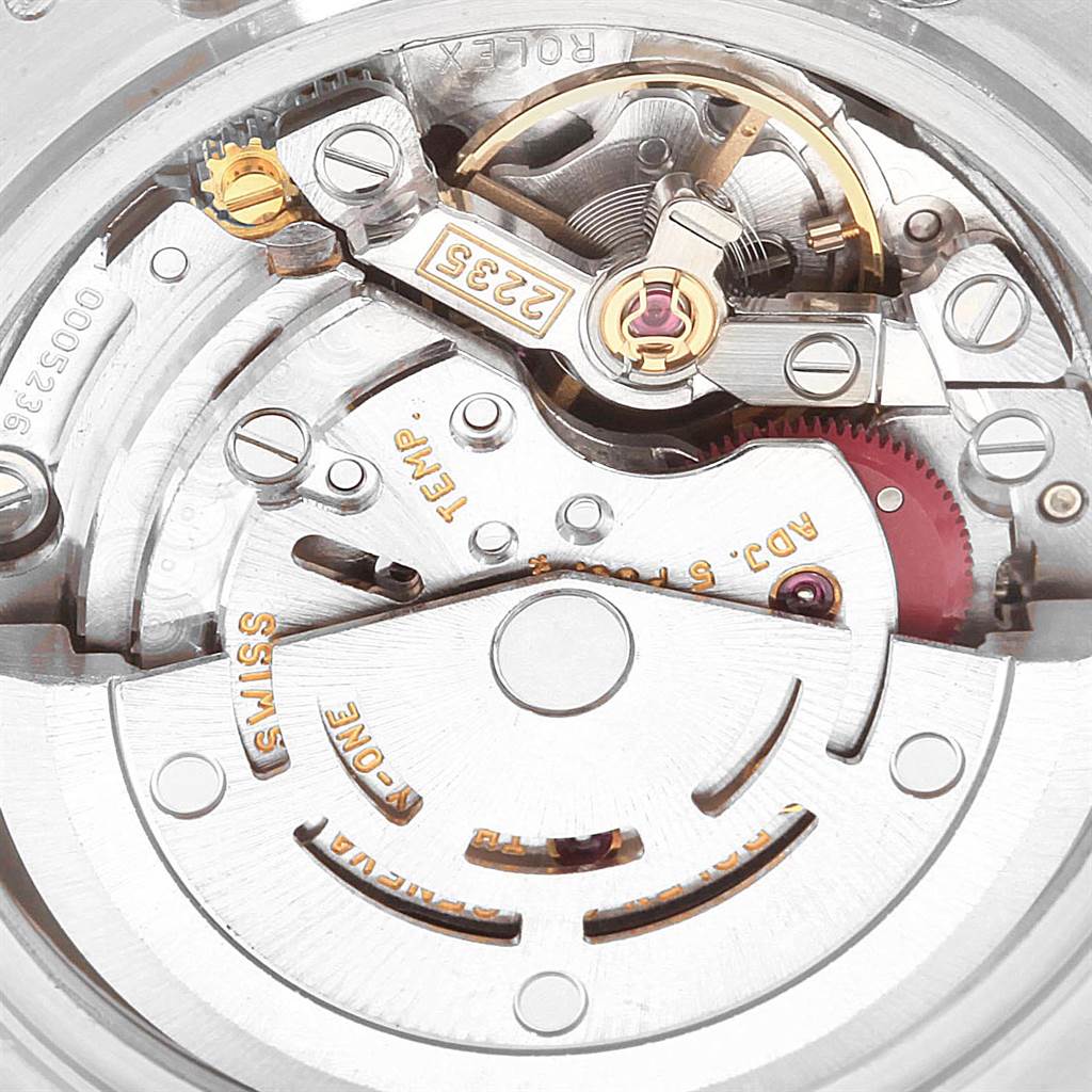 This image shows a close-up view of the internal movement mechanism of a Rolex Pearlmaster 80299 Women's White Gold White Dial 80299 Women's White Gold White Dial watch.