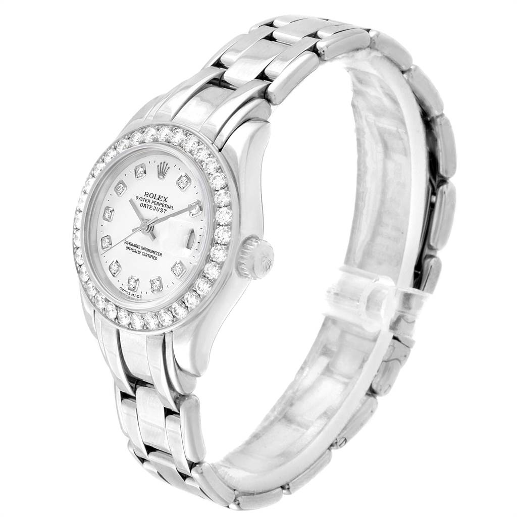 The Rolex Pearlmaster 80299 Women's White Gold White Dial 80299 Women's White Gold White Dial watch is shown at a slight side angle, displaying its bracelet, bezel, and dial.