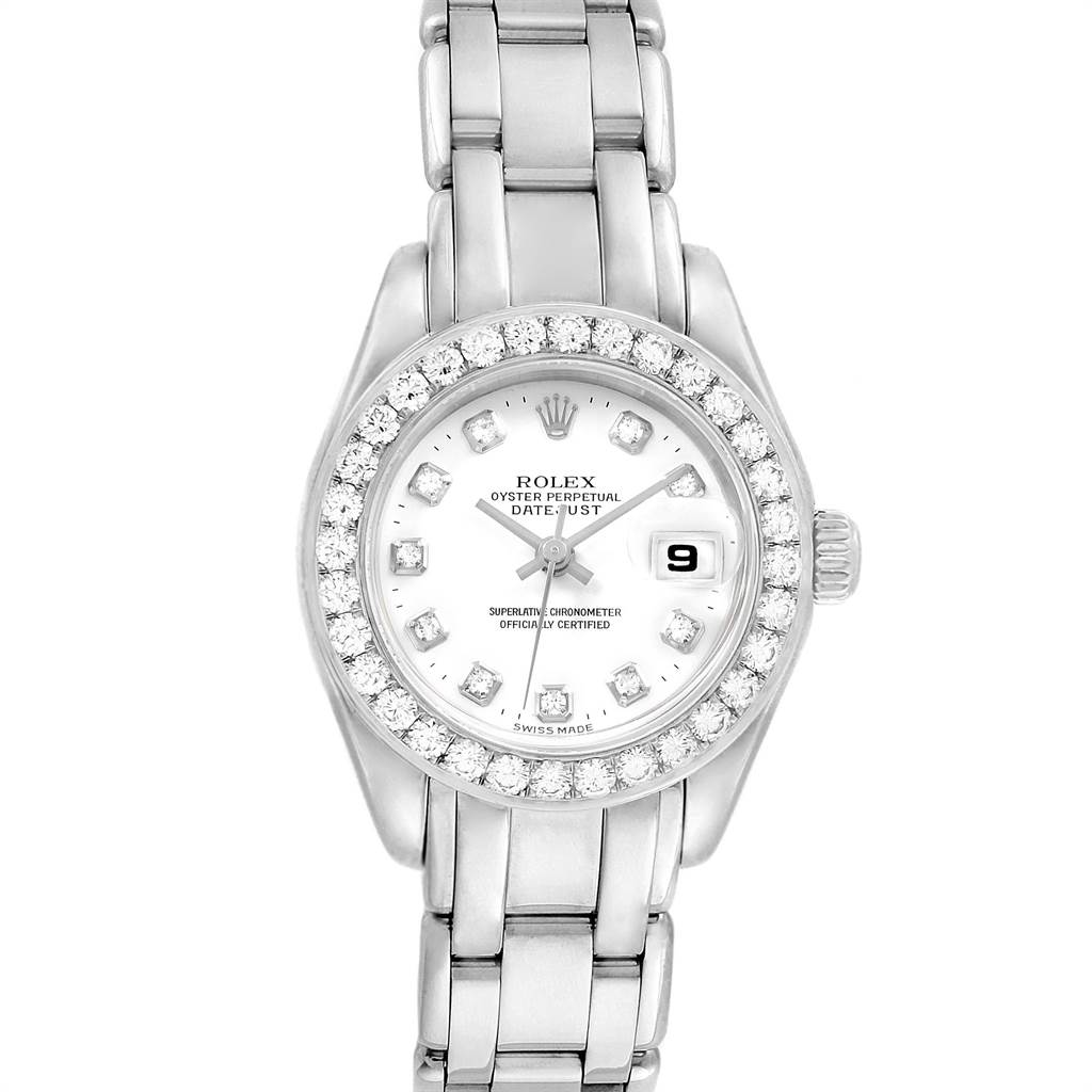 This image shows a front view of a Rolex Pearlmaster 80299 Women's White Gold White Dial 80299 Women's White Gold White Dial watch, featuring its dial, bezel, case, and bracelet.