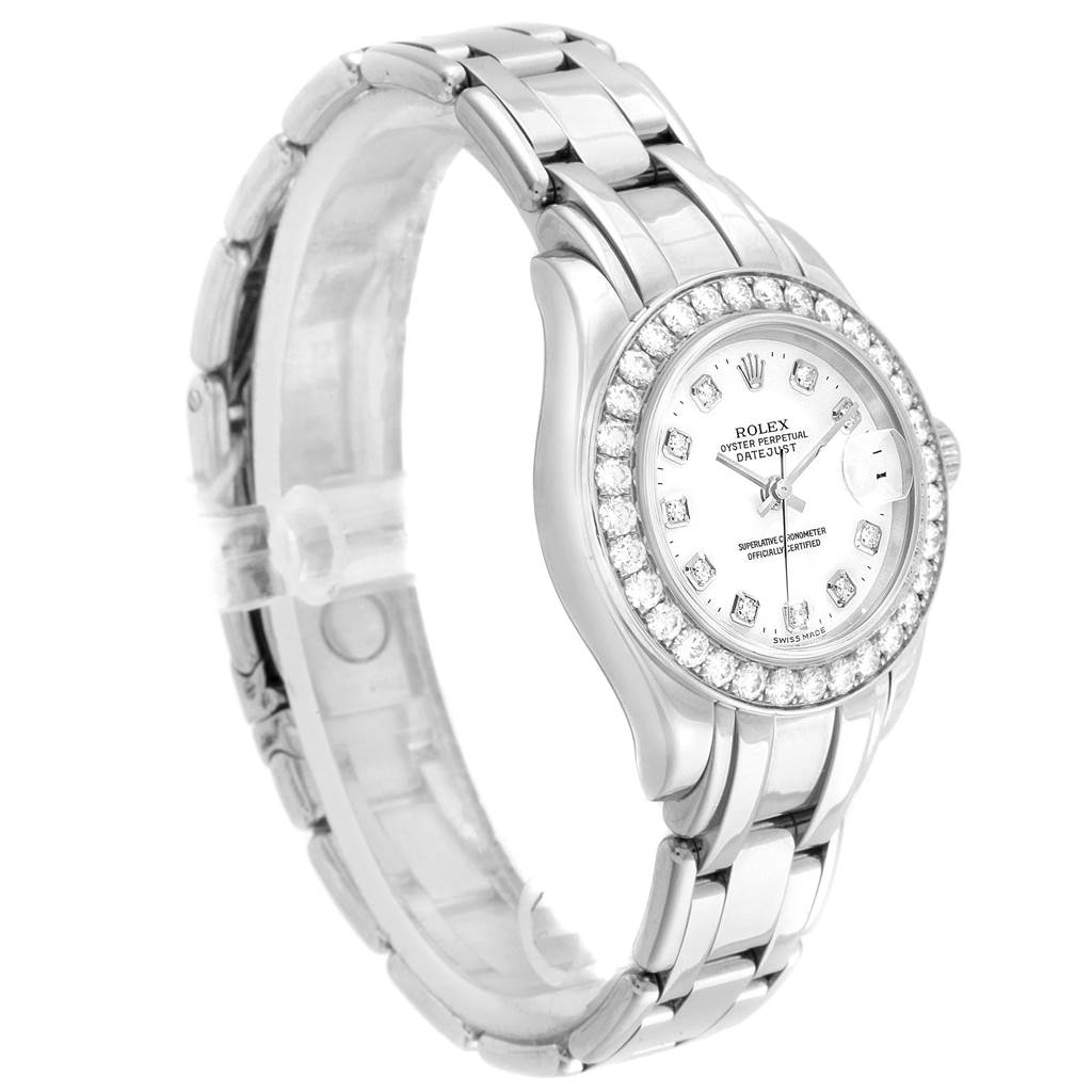 The image shows a Rolex Pearlmaster 80299 Women's White Gold White Dial 80299 Women's White Gold White Dial watch at a three-quarter angle, highlighting its bracelet, bezel, and detailed dial.