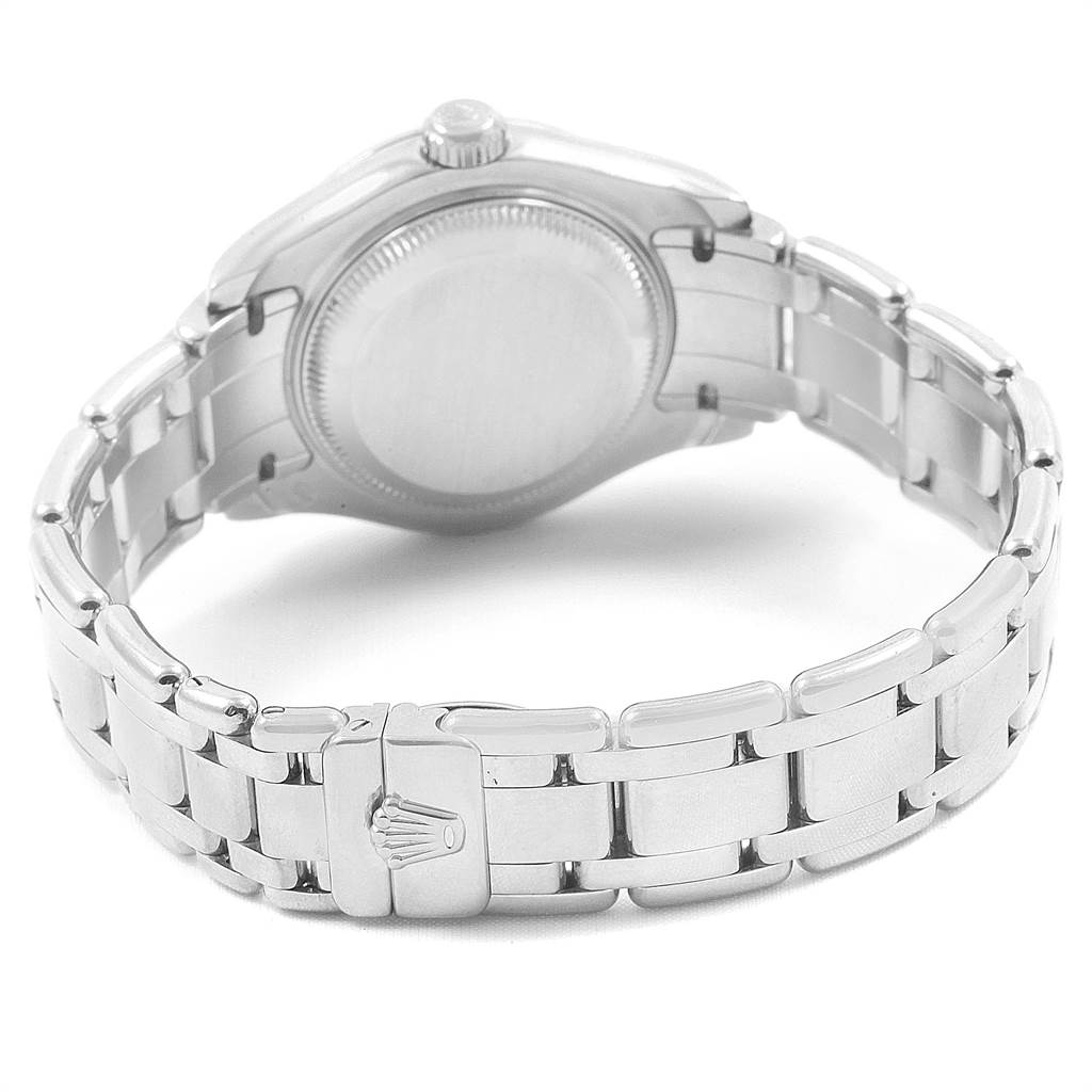 The image shows the back case and bracelet of a Rolex Pearlmaster 80299 Women's White Gold White Dial 80299 Women's White Gold White Dial watch, viewed from a rear angle.